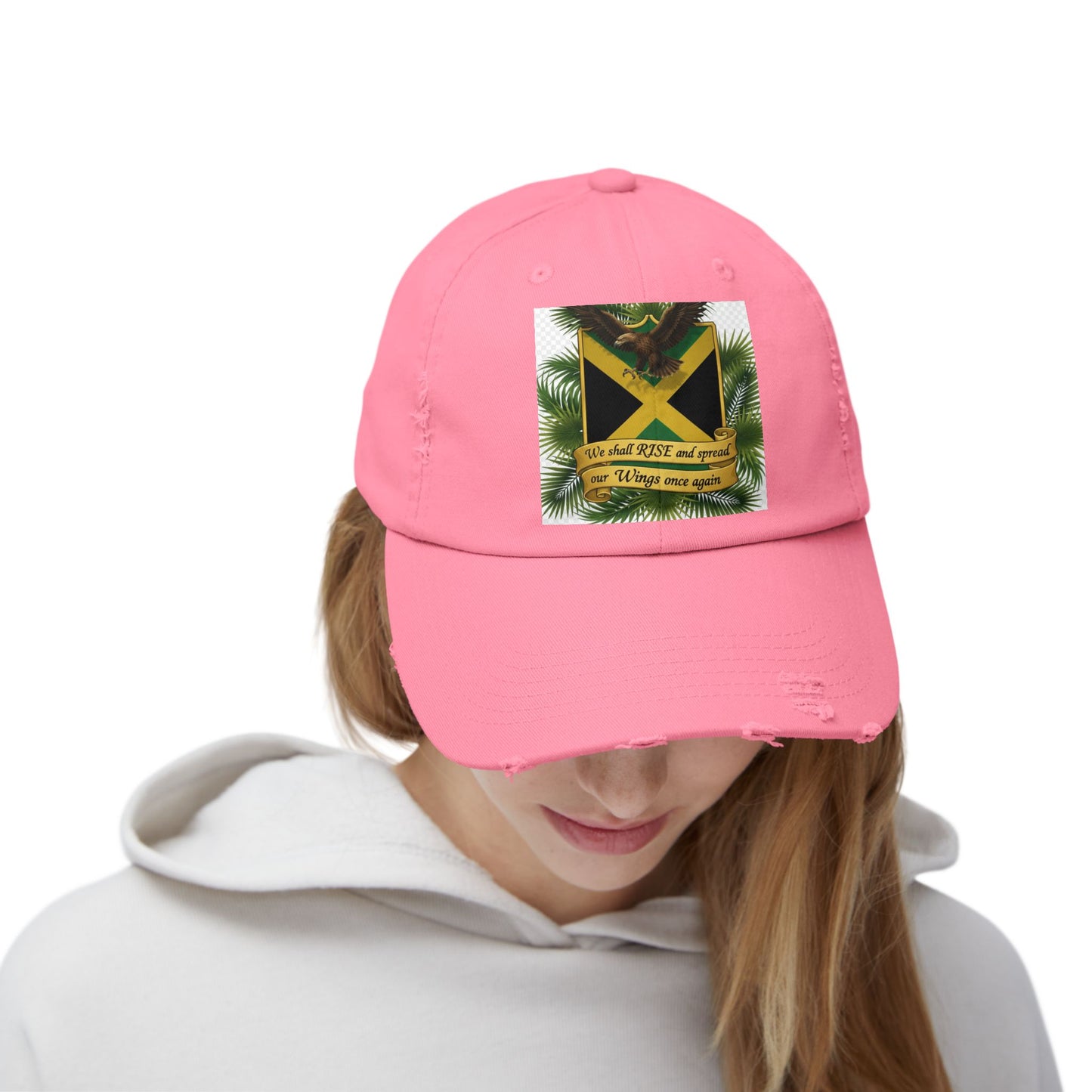 Distressed Baseball Cap — Jamaican Flag Crest with 'We shall RISE and grow our Wings once again'