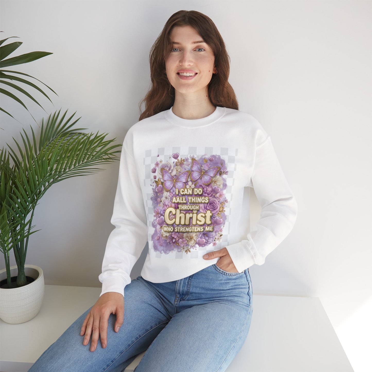 Crewneck Sweatshirt — "I Can Do All Things Through Christ" Floral Christian Prayer Pullover