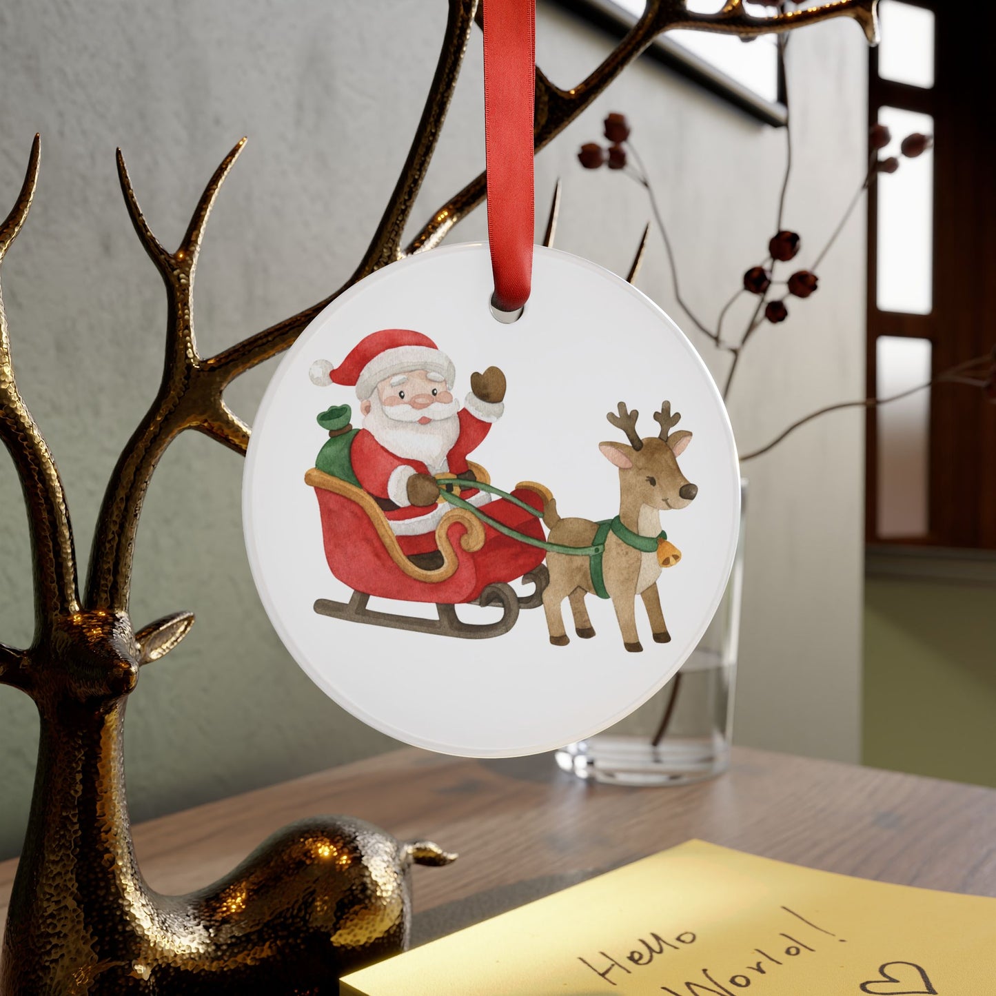 Santa Sleigh Acrylic Ornament — Festive Stained‑Glass & Watercolor Designs with Ribbon