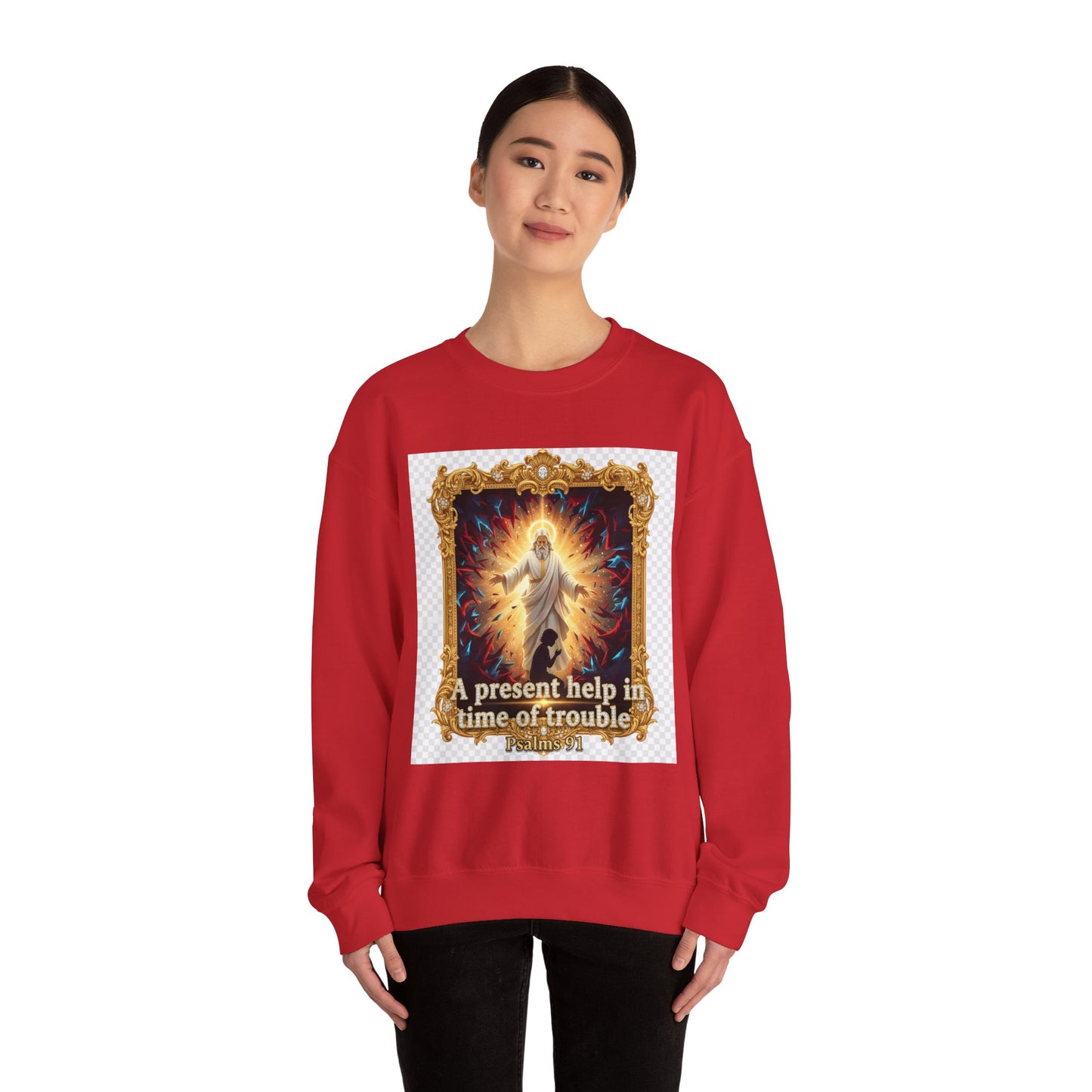 Christian Crewneck Sweatshirt — "A Present Help in Time of Trouble" Psalm 46 Design