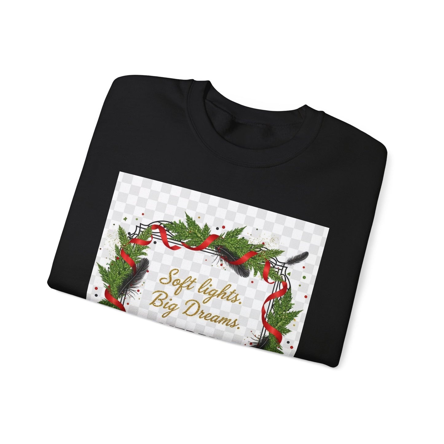 Merry Everything Wreath Crewneck Sweatshirt — "Soft lights, Big Dreams" Holiday Pullover