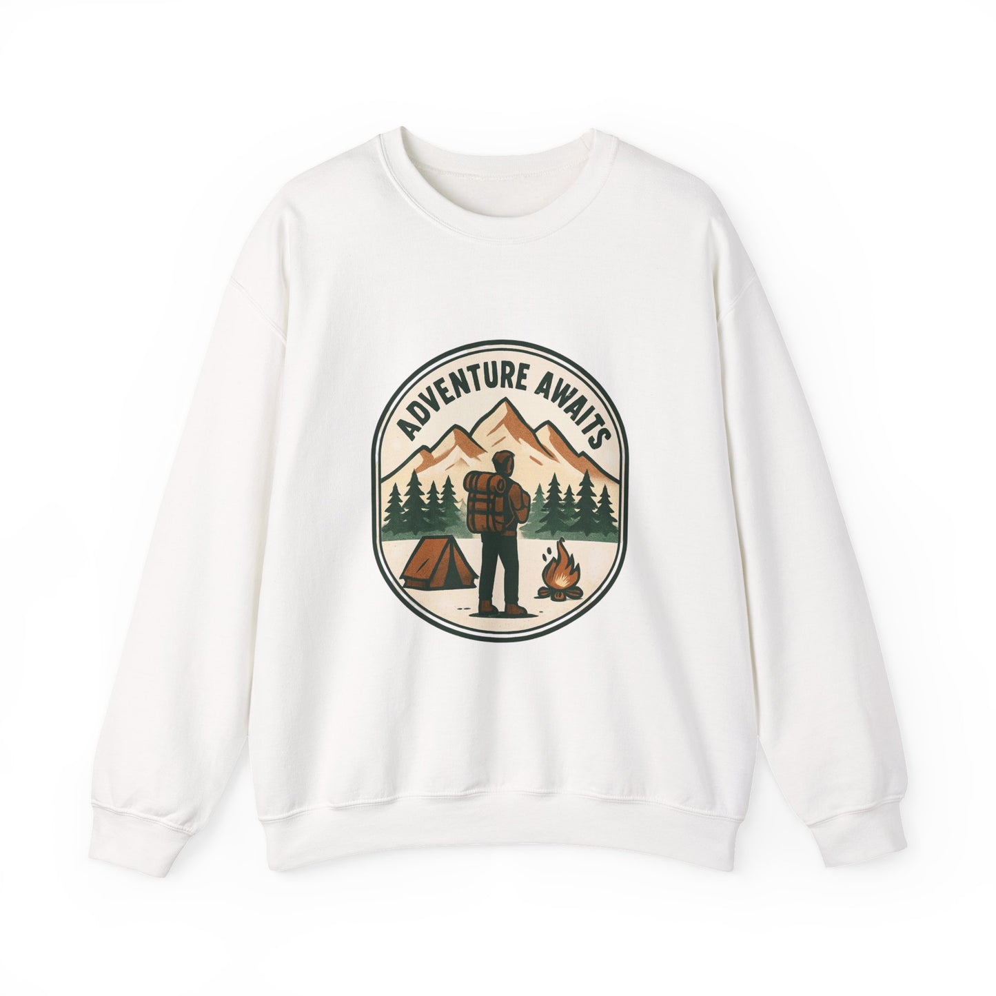 Adventure Awaits Crewneck Sweatshirt — Camping Mountain Graphic