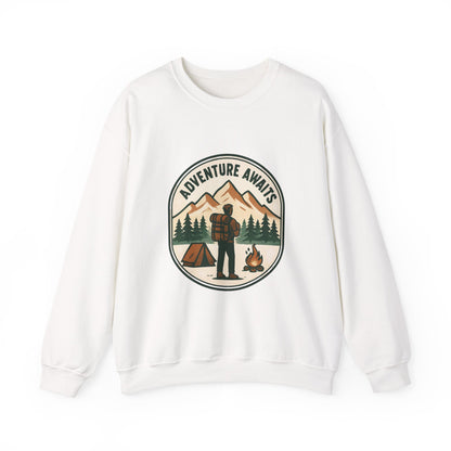 Adventure Awaits Crewneck Sweatshirt — Camping Mountain Graphic