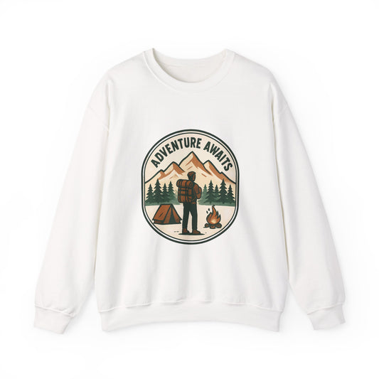 Adventure Awaits Crewneck Sweatshirt — Camping Mountain Graphic