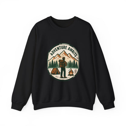 Adventure Awaits Crewneck Sweatshirt — Camping Mountain Graphic