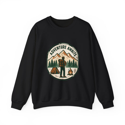 Adventure Awaits Crewneck Sweatshirt — Camping Mountain Graphic