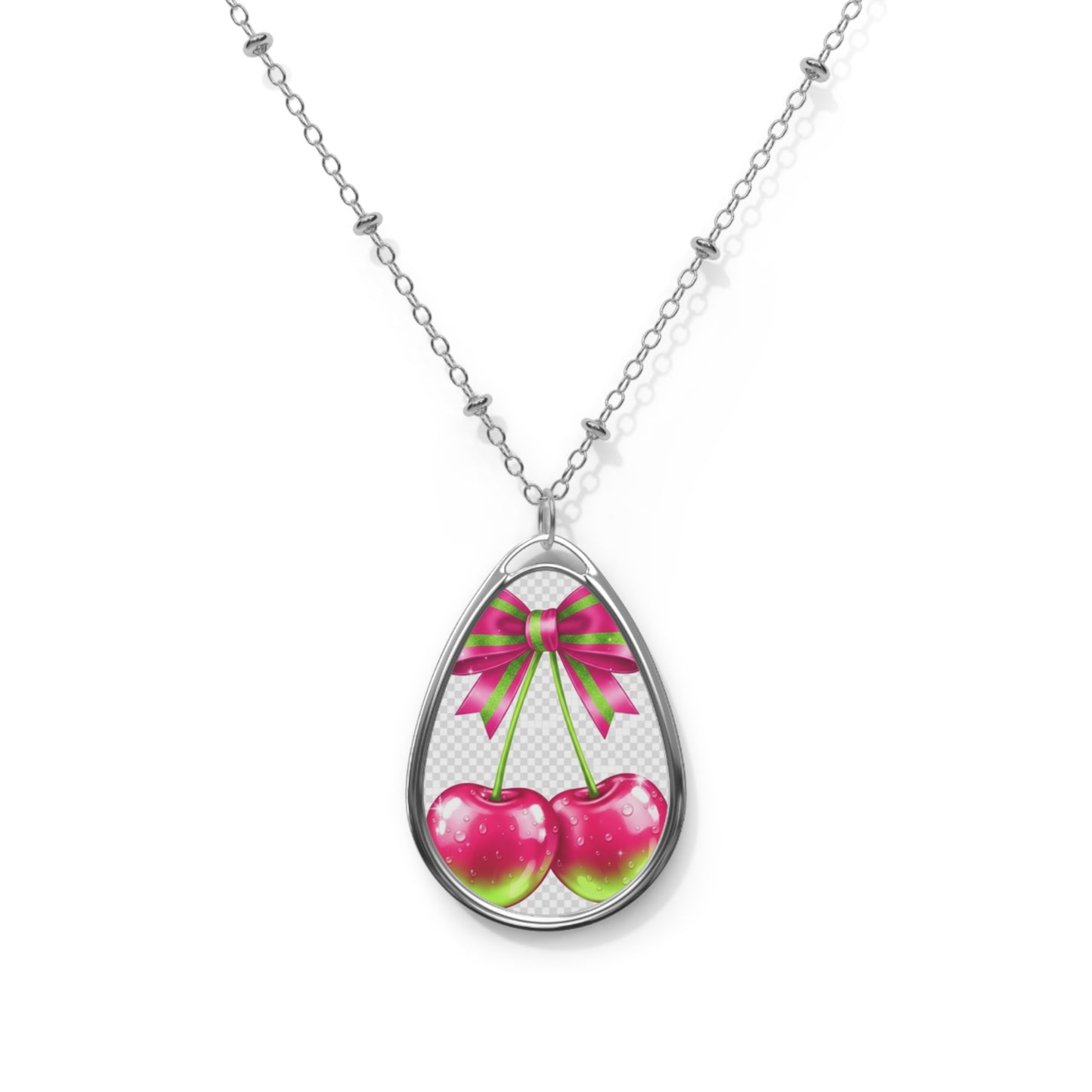 Oval Necklace — Pink Cherries Teardrop Pendant Necklace