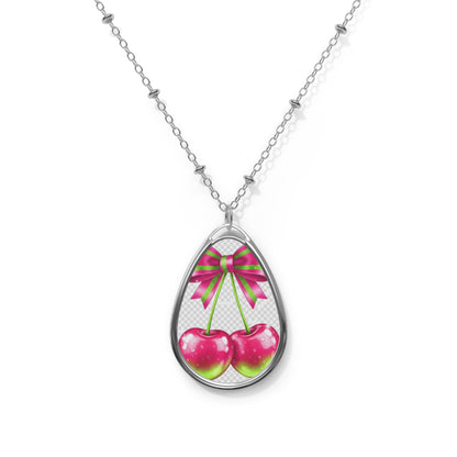 Oval Necklace — Pink Cherries Teardrop Pendant Necklace
