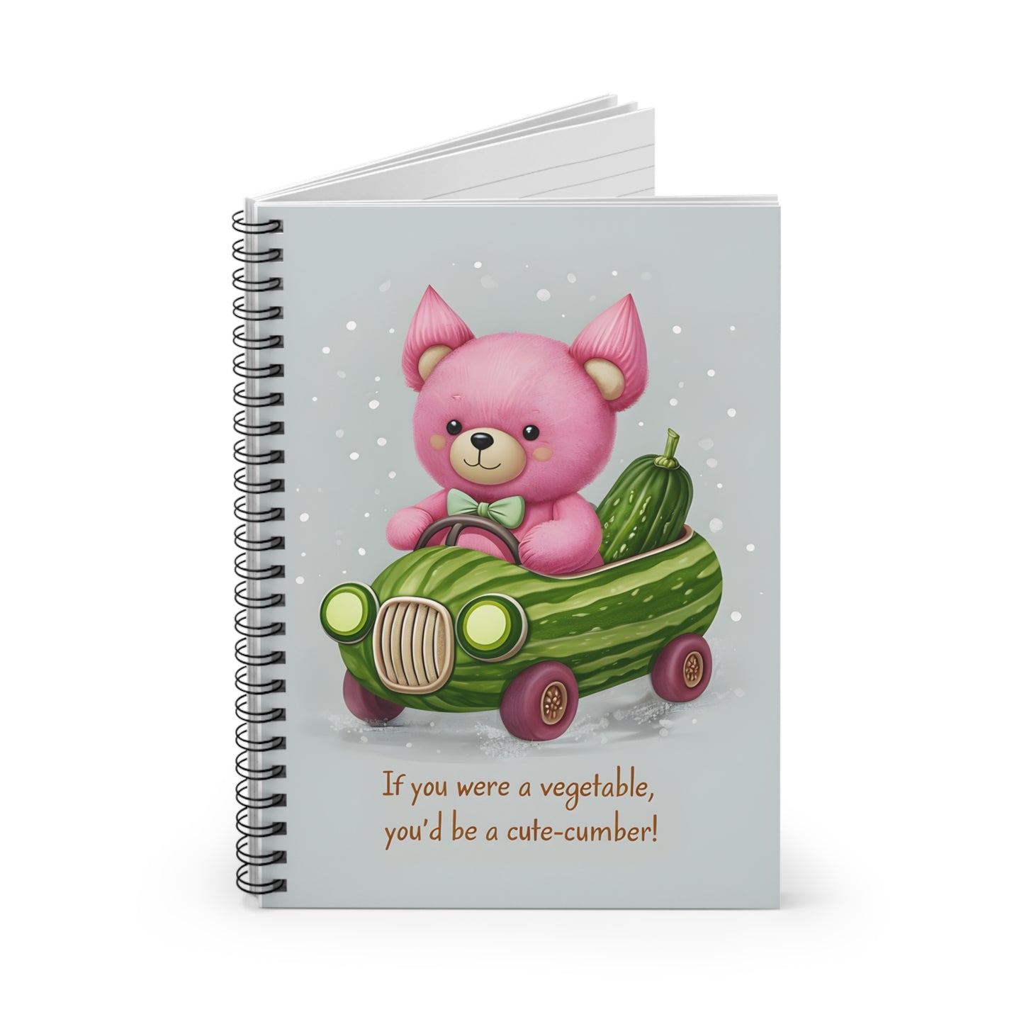 Cute-Bear Cucumber Car Spiral Notebook — Ruled Journal with 'If you were a vegetable, you'd be a cute-cumber!'