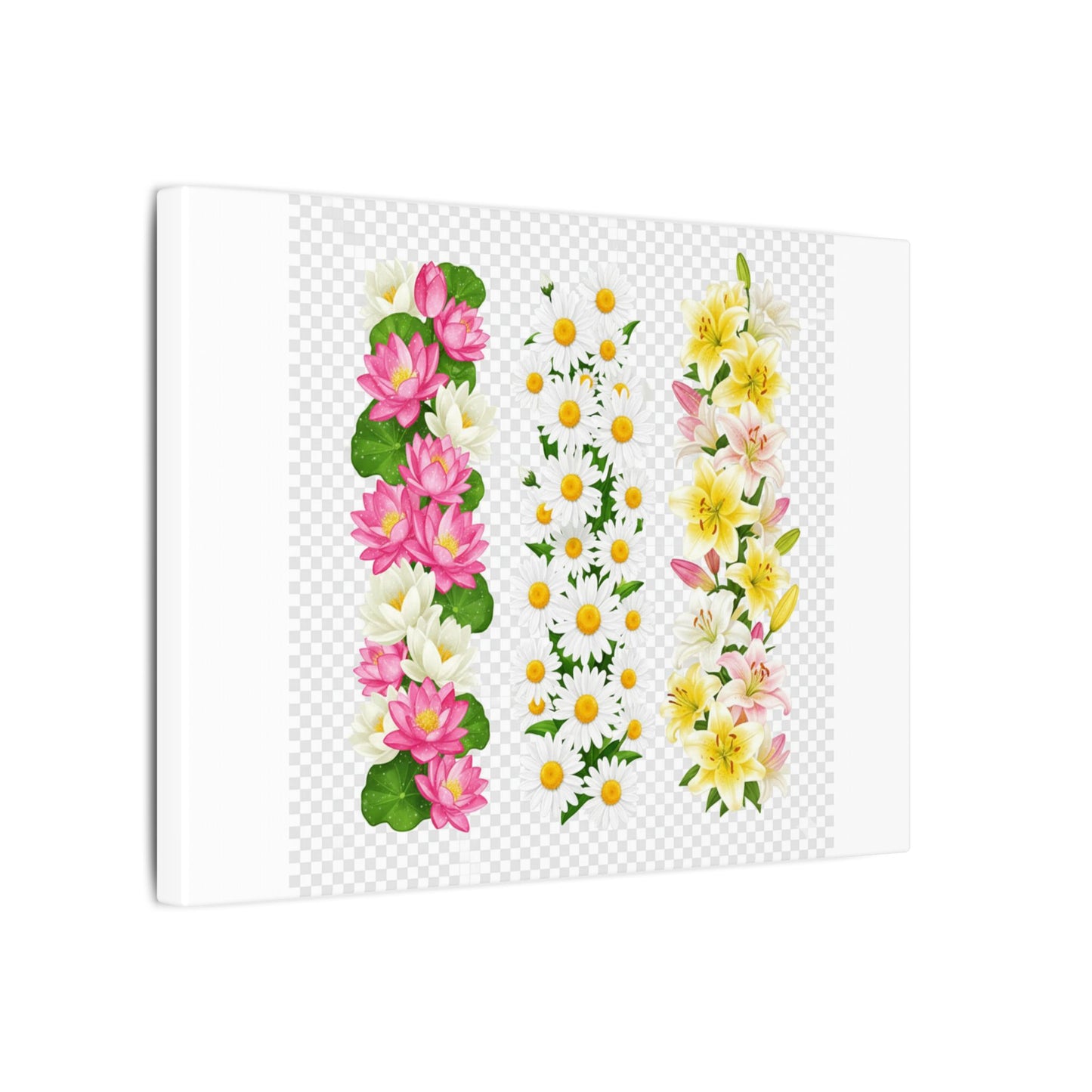 Floral Trio Matte Canvas Wall Art — Pink Lotus, Daisies & Yellow Lilies Stretched Print