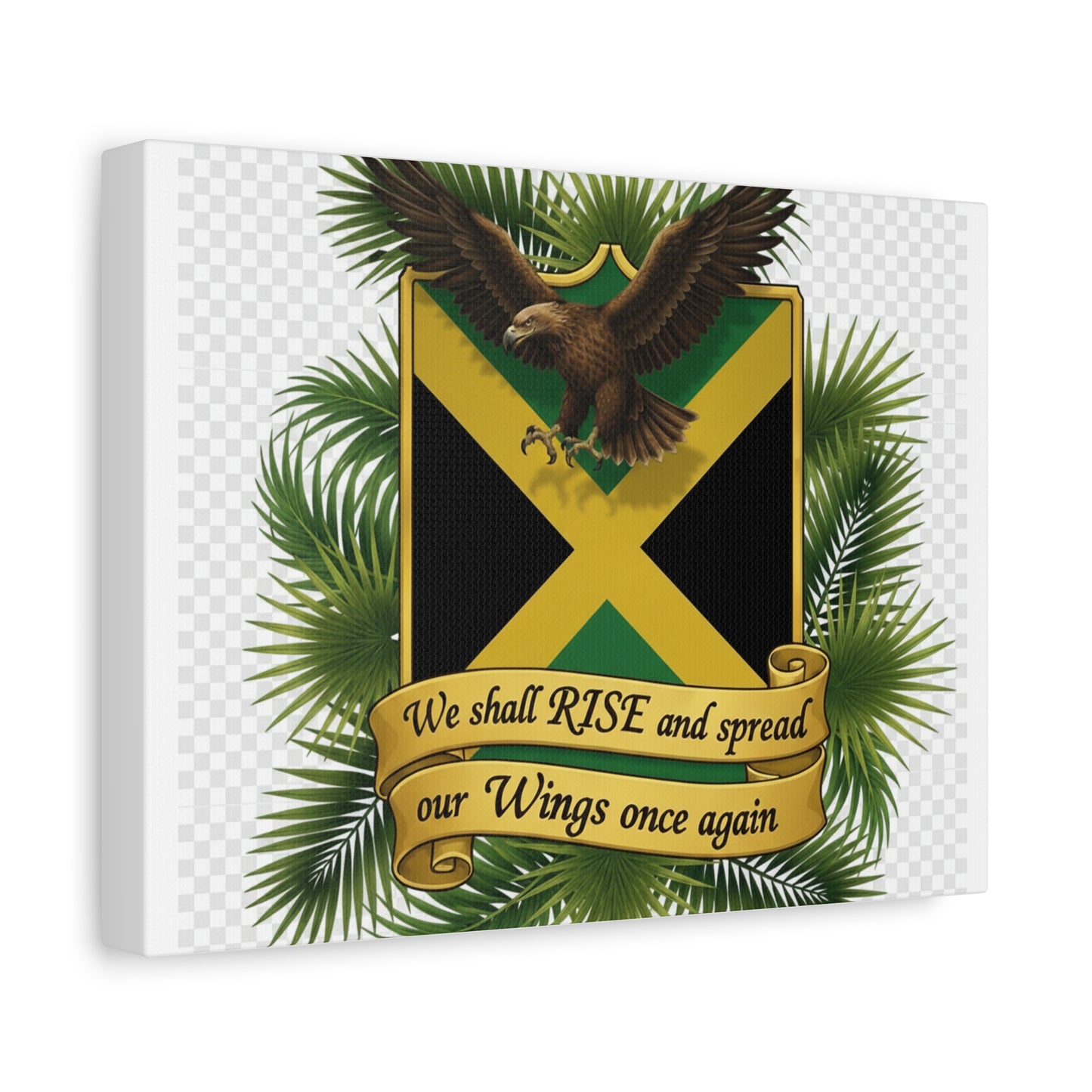Jamaica Shield Canvas — "We Shall Rise and Spread Our Wings Once Again" Stretched Wall Art