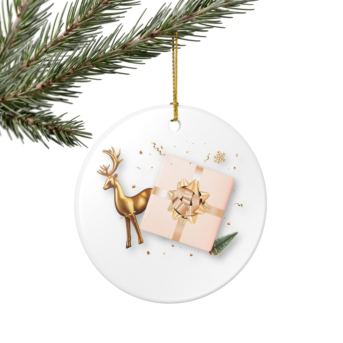 Ceramic Ornament — Gold Reindeer & Gift Holiday Christmas Tree Decoration