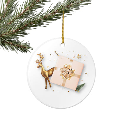 Ceramic Ornament — Gold Reindeer & Gift Holiday Christmas Tree Decoration