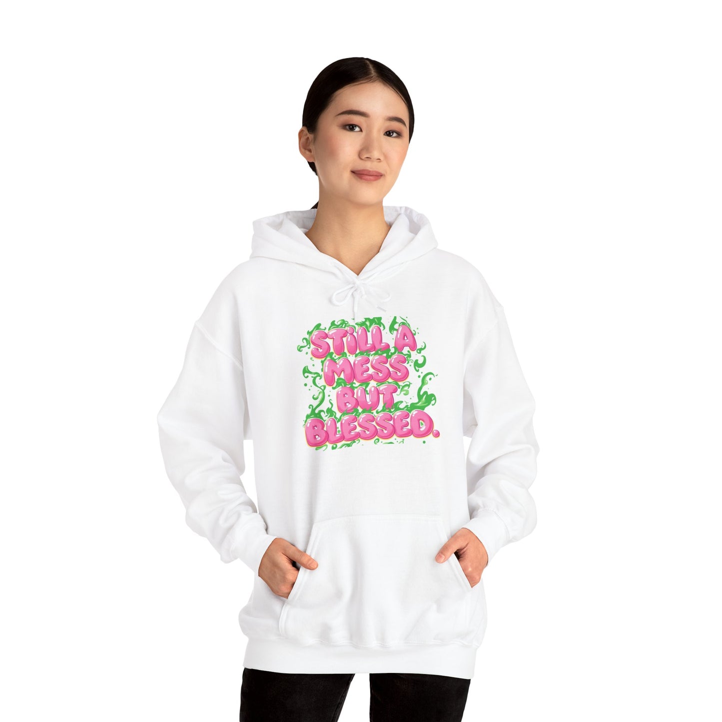 Messy But Blessed Hoodie — Cute Pink & Green Floral Graphic Sweatshirt