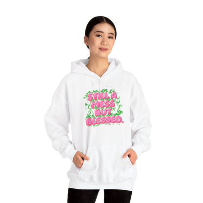 Messy But Blessed Hoodie — Cute Pink & Green Floral Graphic Sweatshirt