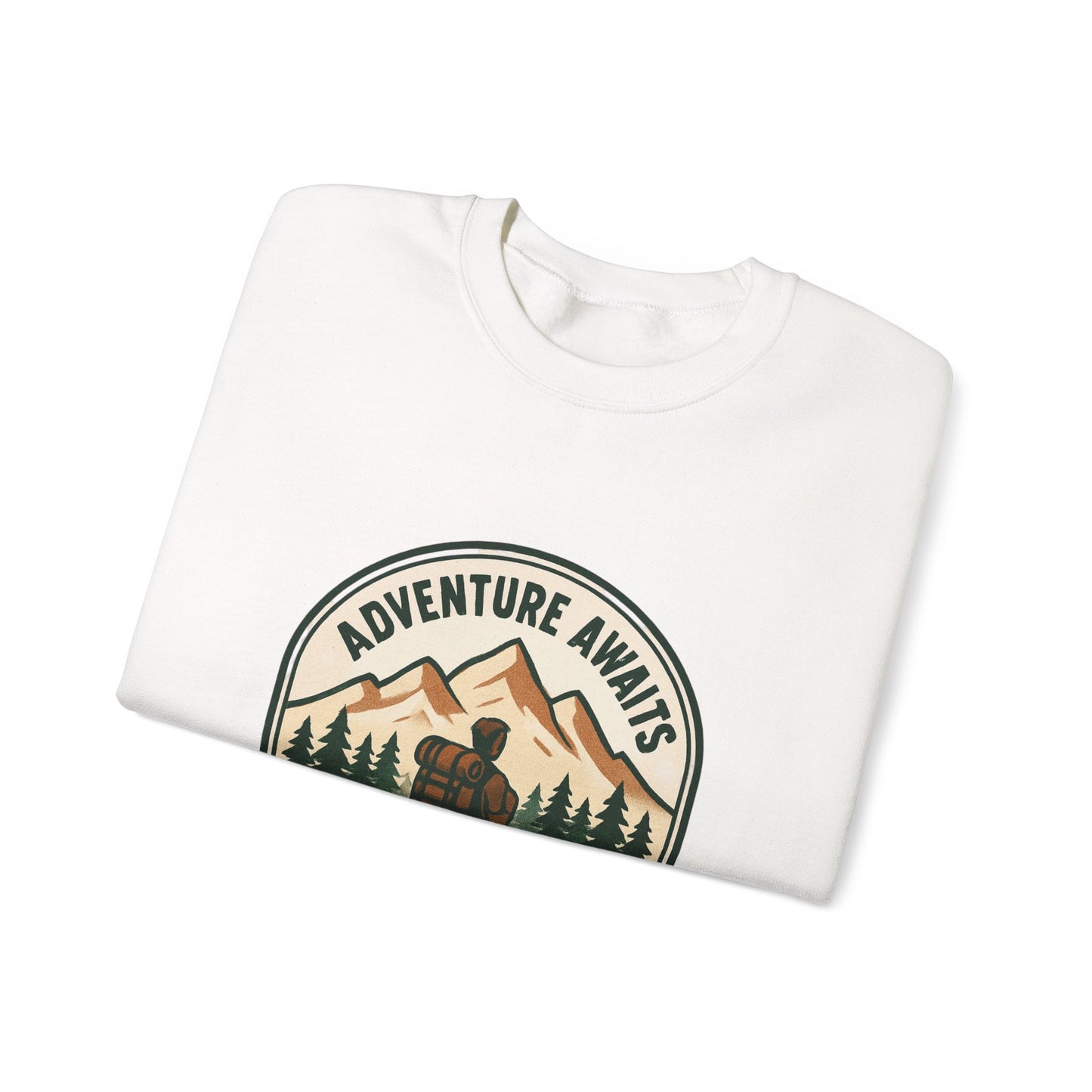 Adventure Awaits Crewneck Sweatshirt — Camping Mountain Graphic