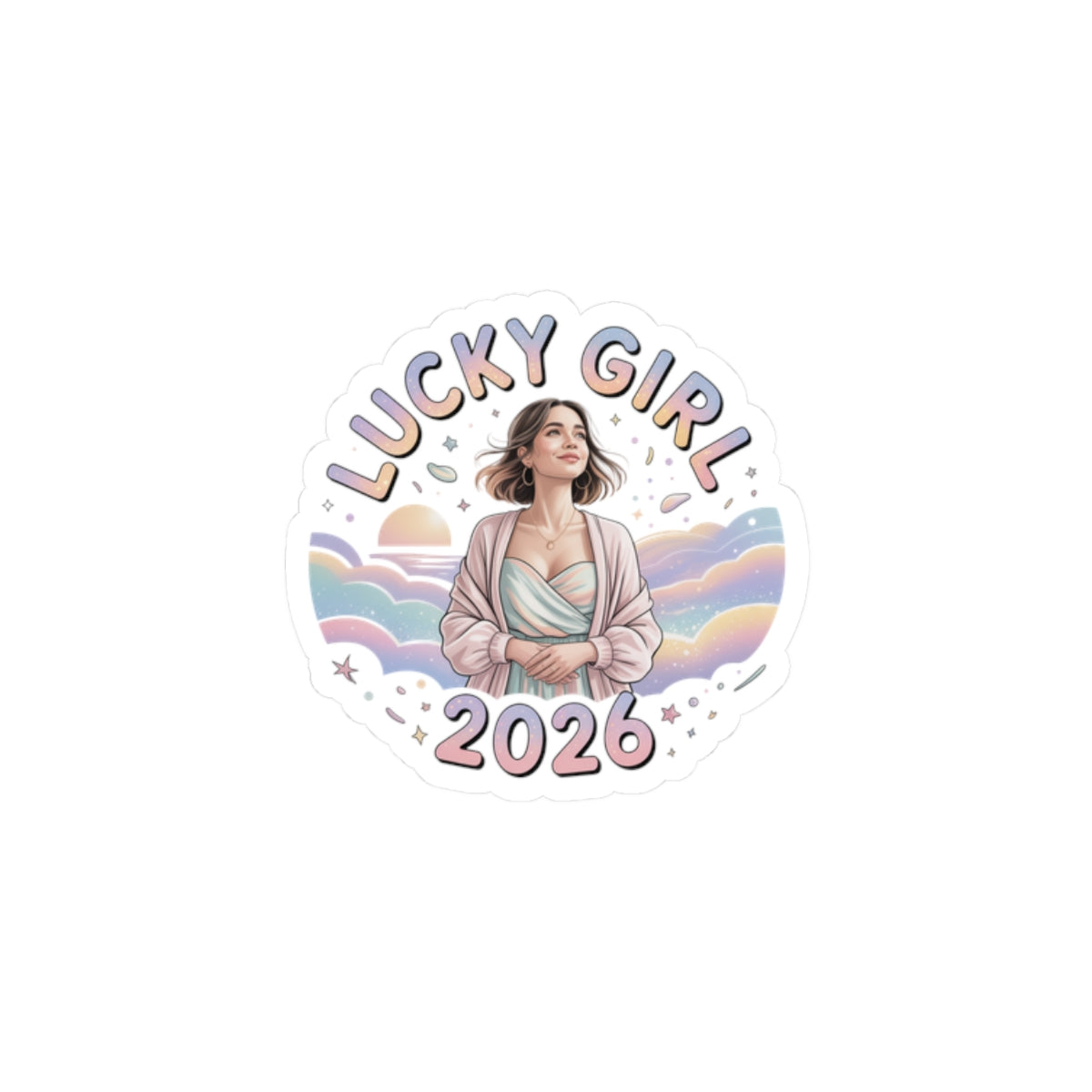 Lucky Girl 2026 Sticker | manifest luck, lucky charms, pastel metallic kiss-cut