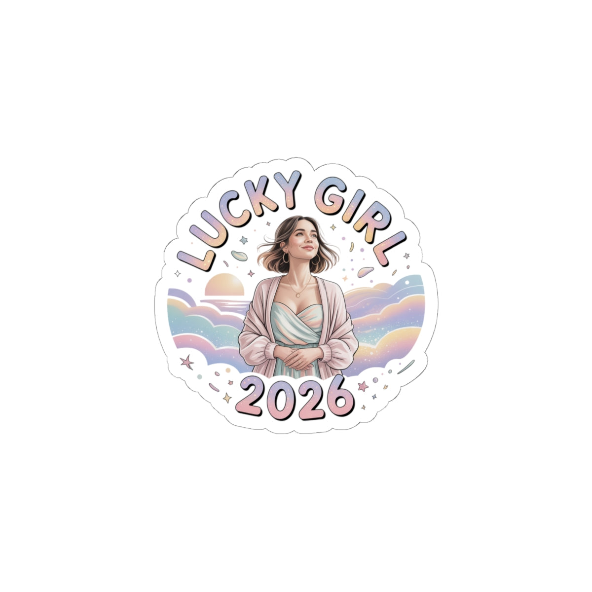 Lucky Girl 2026 Sticker | manifest luck, lucky charms, pastel metallic kiss-cut