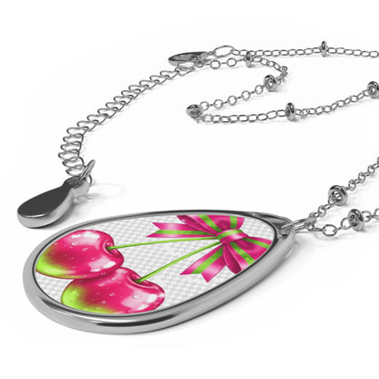 Oval Necklace — Pink Cherries Teardrop Pendant Necklace
