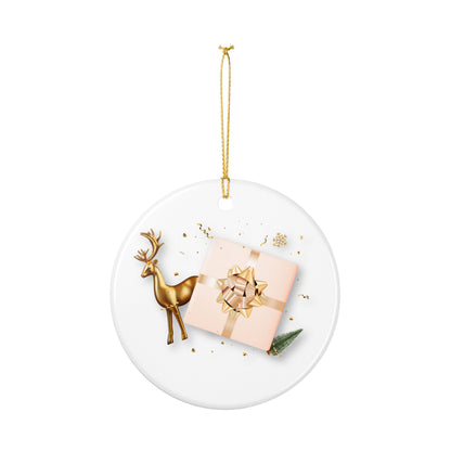 Ceramic Ornament — Gold Reindeer & Gift Holiday Christmas Tree Decoration