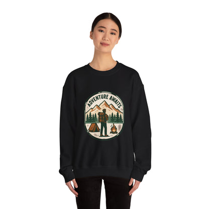 Adventure Awaits Crewneck Sweatshirt — Camping Mountain Graphic