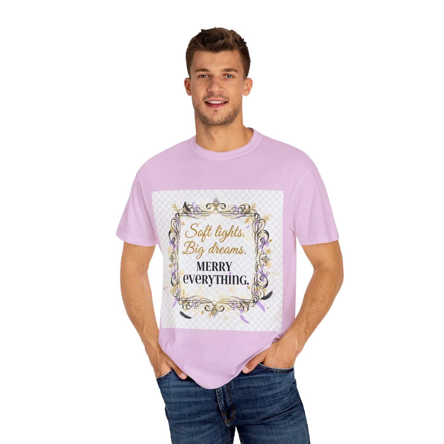 Merry Everything Holiday T-Shirt — “Soft Lights, Big Dreams” Decorative Frame