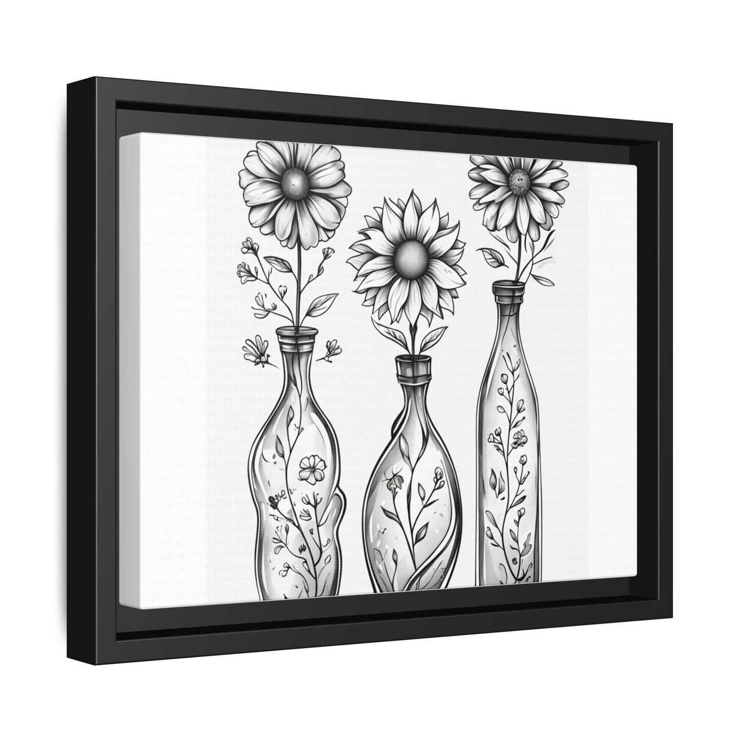 Framed Matte Canvas Floral Vases Wall Art — Black & White Sunflower Trio