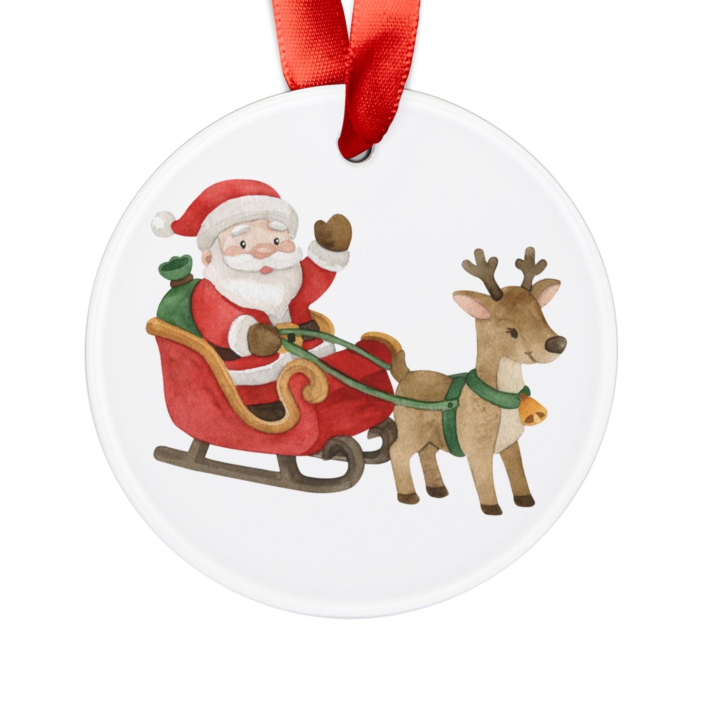 Santa Sleigh Acrylic Ornament — Festive Stained‑Glass & Watercolor Designs with Ribbon
