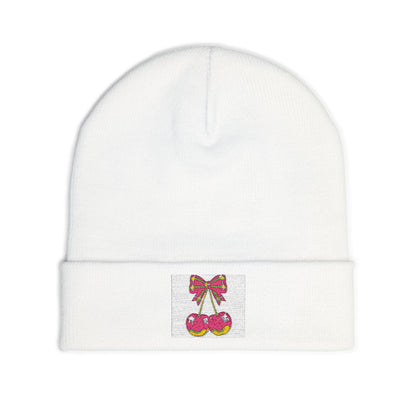 Embroidered Christmas Ornament Knit Beanie — Pink Bow Holiday Winter Hat