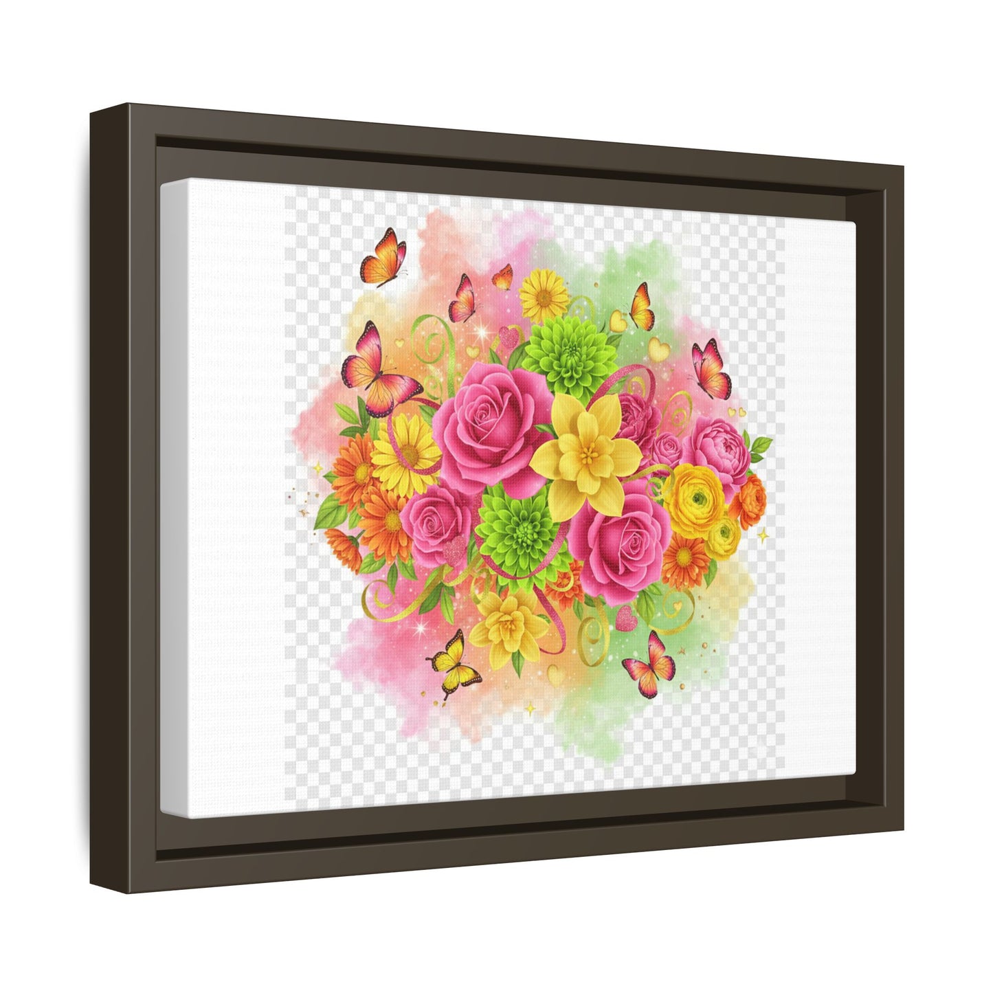 Framed Floral Bouquet Matte Canvas Wall Art — Colorful Roses & Butterflies