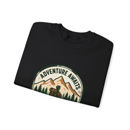 Adventure Awaits Crewneck Sweatshirt — Camping Mountain Graphic