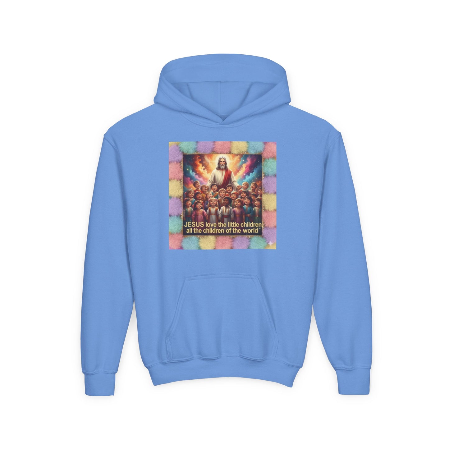 Christian Kids Hoodie — "Jesus Saw the Little Children" Colorful Faith Pullover