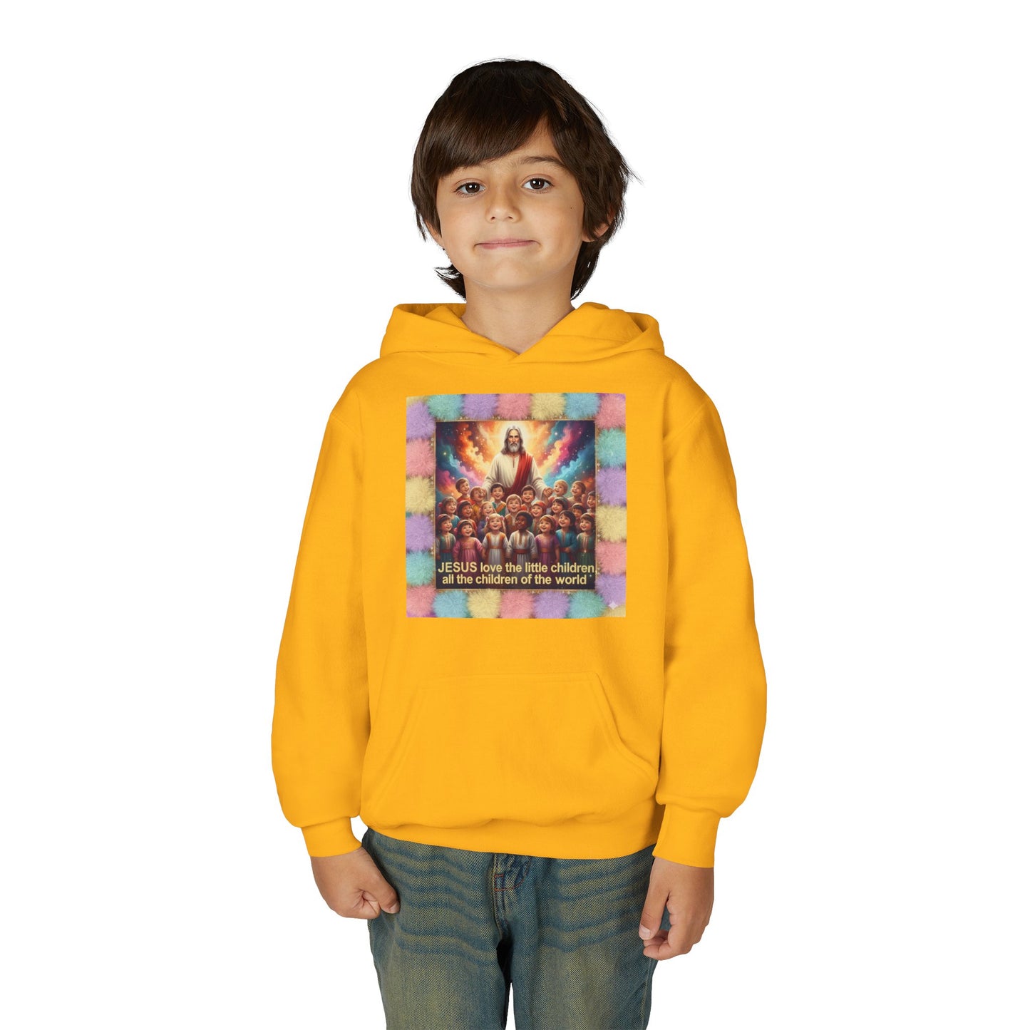 Christian Kids Hoodie — "Jesus Saw the Little Children" Colorful Faith Pullover