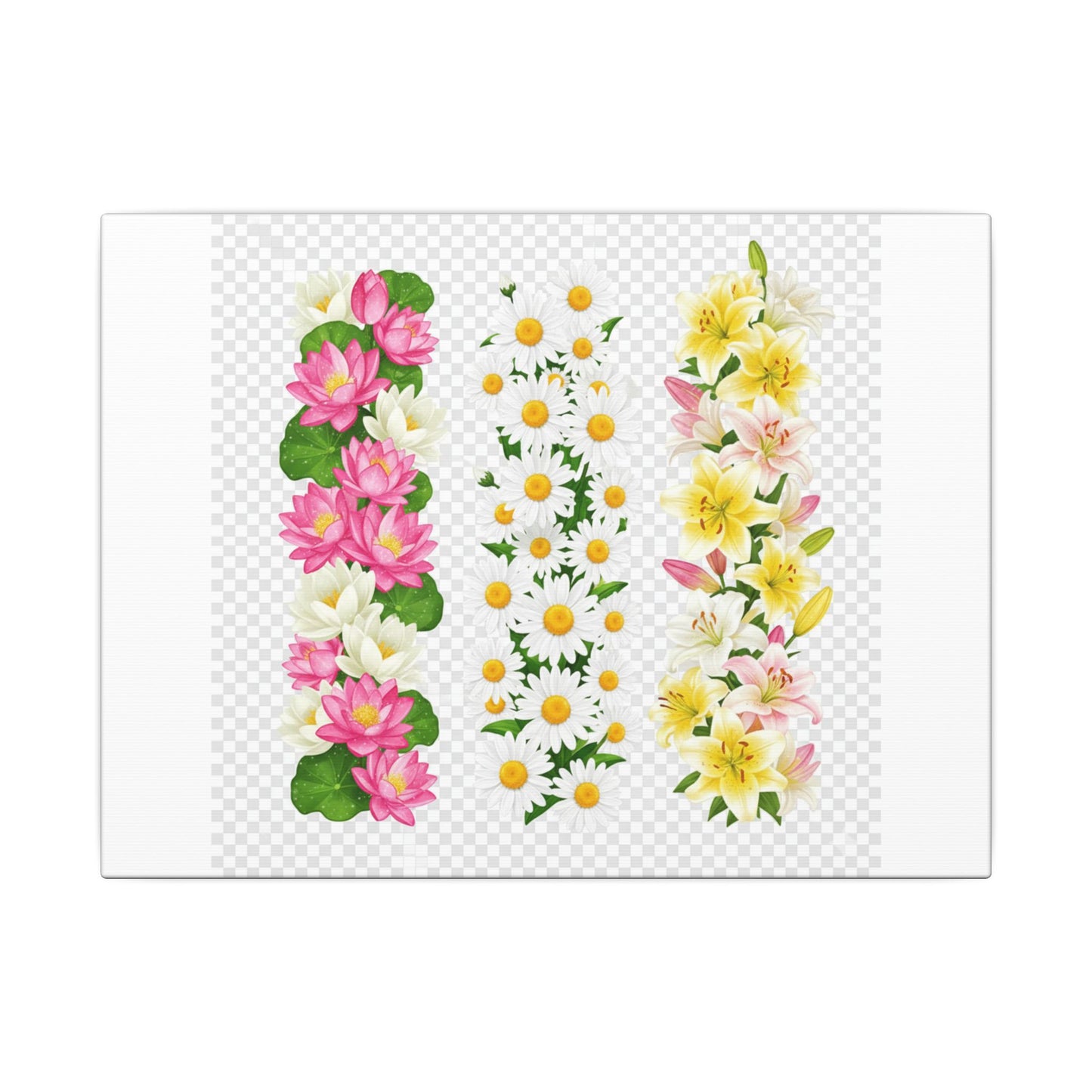 Floral Trio Matte Canvas Wall Art — Pink Lotus, Daisies & Yellow Lilies Stretched Print