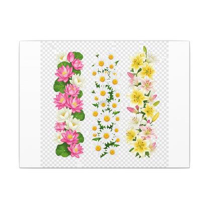 Floral Trio Matte Canvas Wall Art — Pink Lotus, Daisies & Yellow Lilies Stretched Print