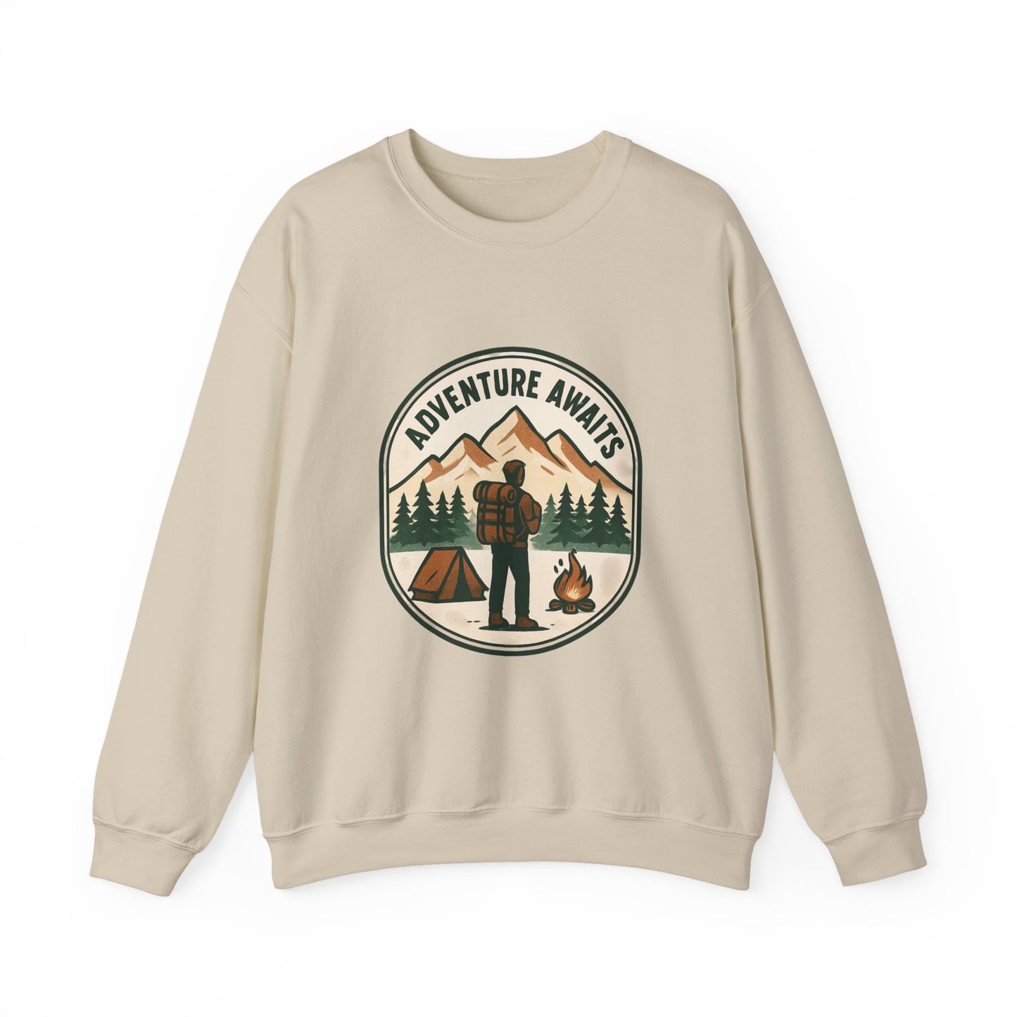 Adventure Awaits Crewneck Sweatshirt — Camping Mountain Graphic
