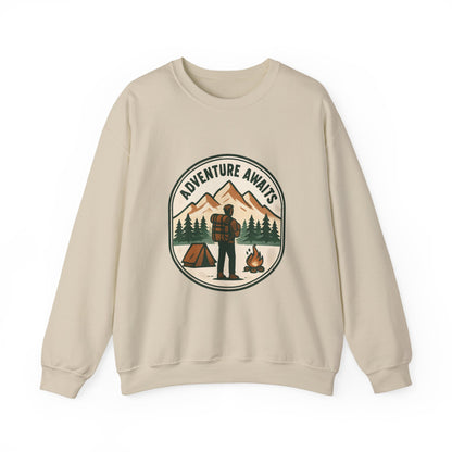Adventure Awaits Crewneck Sweatshirt — Camping Mountain Graphic