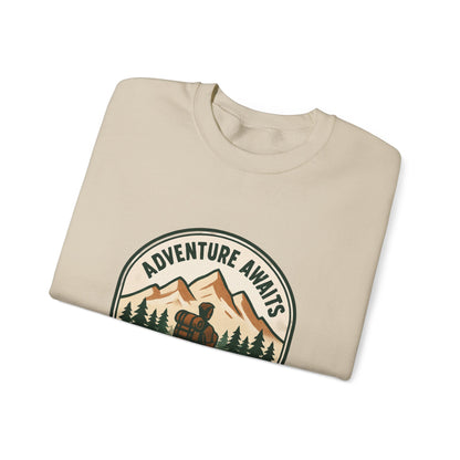 Adventure Awaits Crewneck Sweatshirt — Camping Mountain Graphic