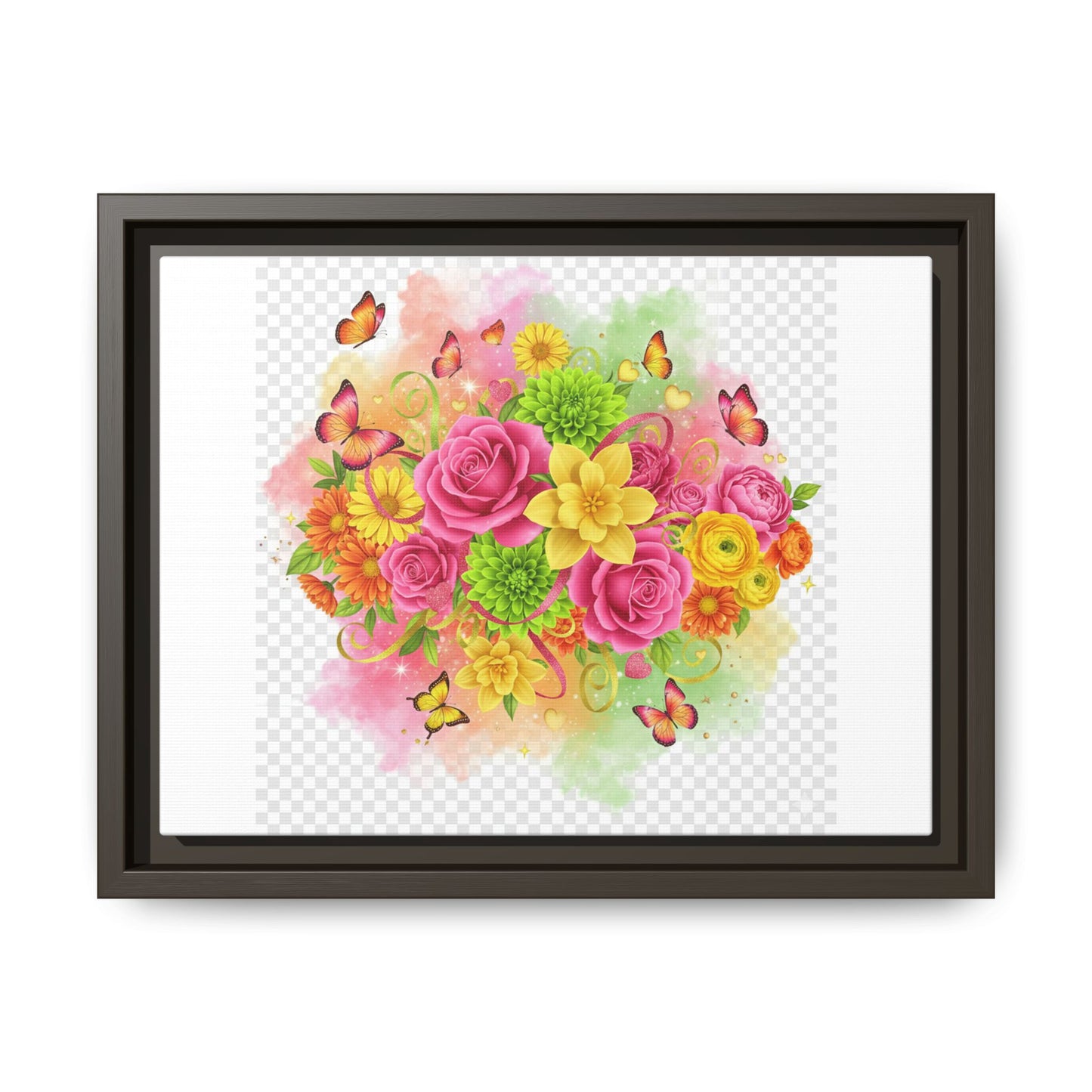 Framed Floral Bouquet Matte Canvas Wall Art — Colorful Roses & Butterflies