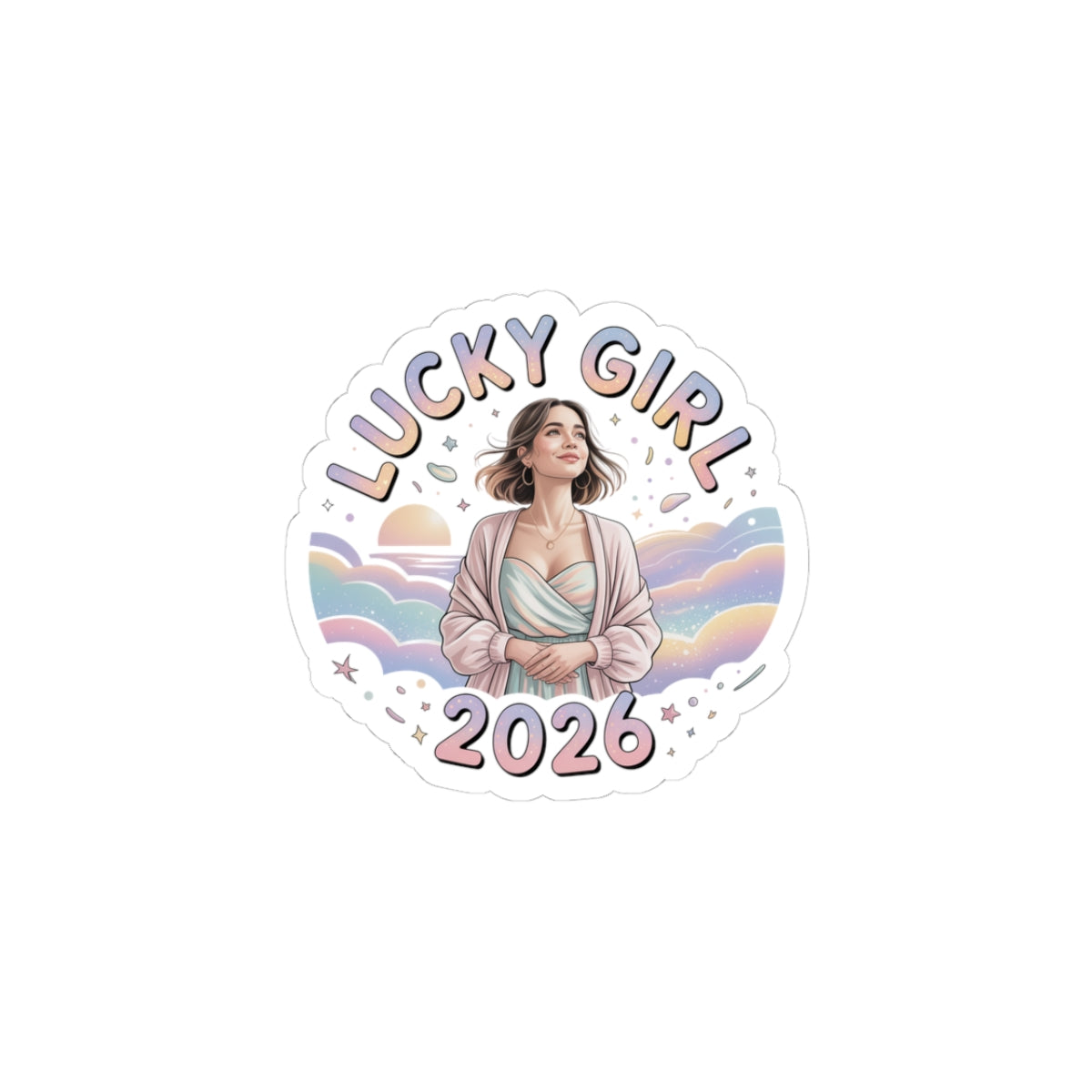 Lucky Girl 2026 Sticker | manifest luck, lucky charms, pastel metallic kiss-cut