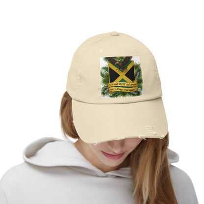 Distressed Baseball Cap — Jamaican Flag Crest with 'We shall RISE and grow our Wings once again'