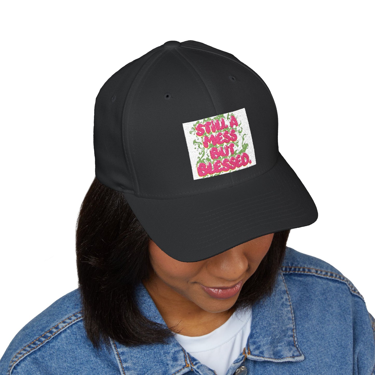 Embroidered Baseball Cap - "Still A Mess But Blessed" Floral Patch
