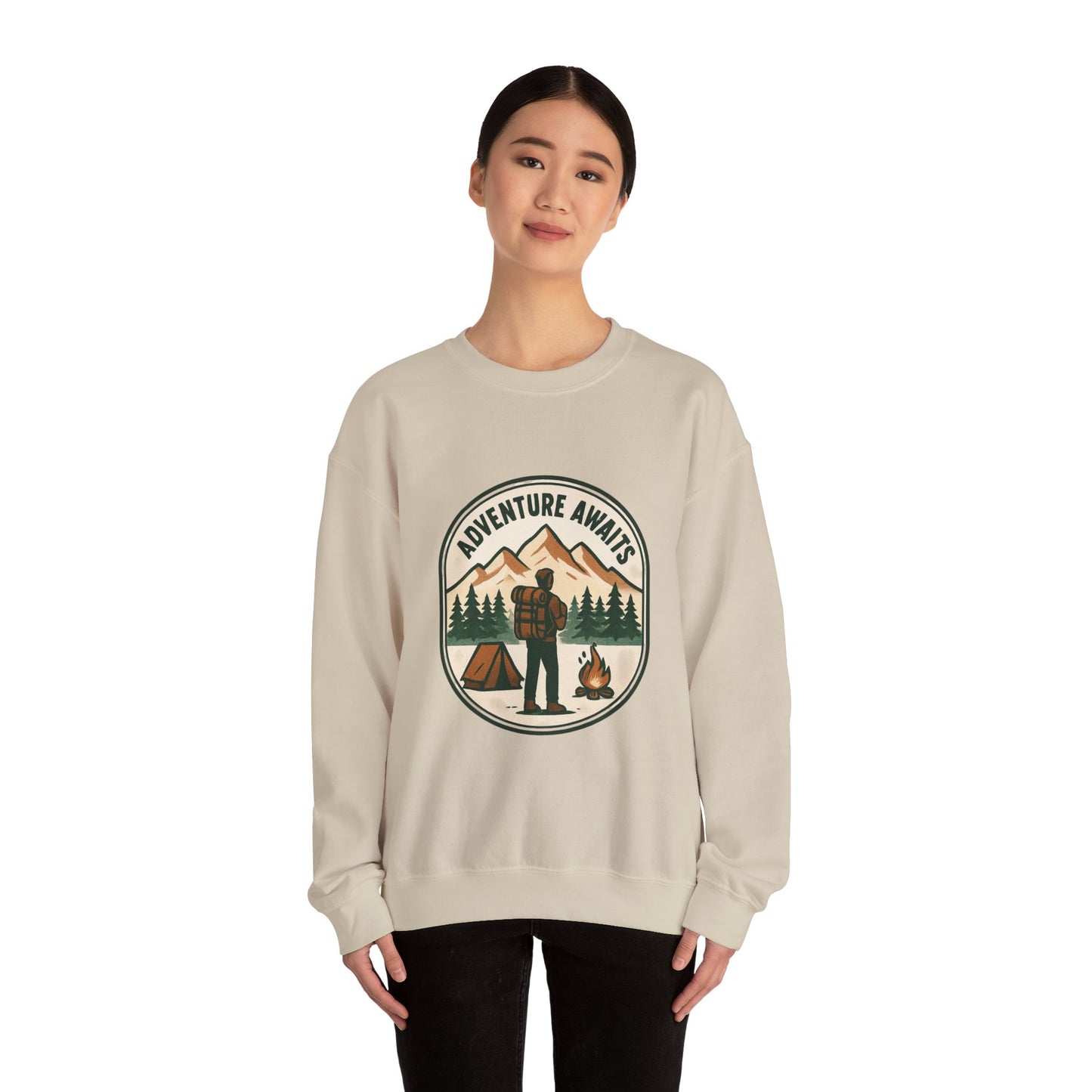 Adventure Awaits Crewneck Sweatshirt — Camping Mountain Graphic