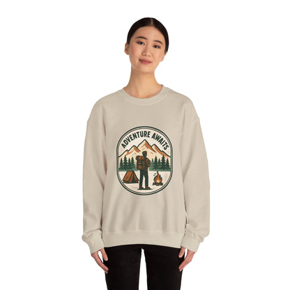 Adventure Awaits Crewneck Sweatshirt — Camping Mountain Graphic