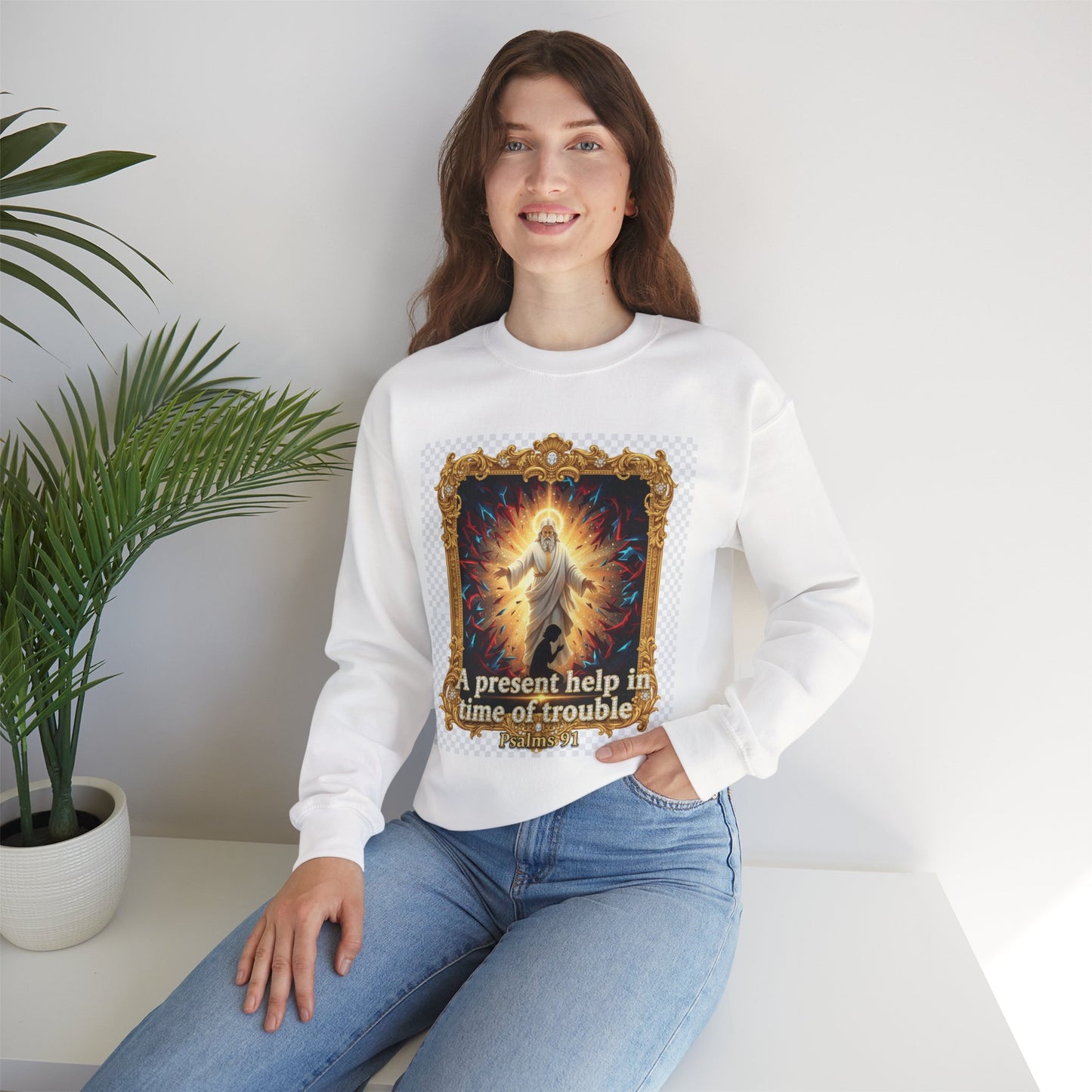 Christian Crewneck Sweatshirt — "A Present Help in Time of Trouble" Psalm 46 Design