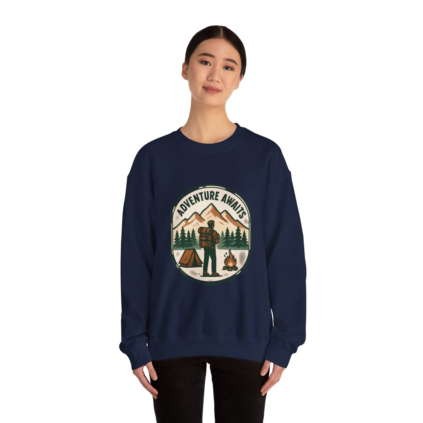 Adventure Awaits Crewneck Sweatshirt — Camping Mountain Graphic