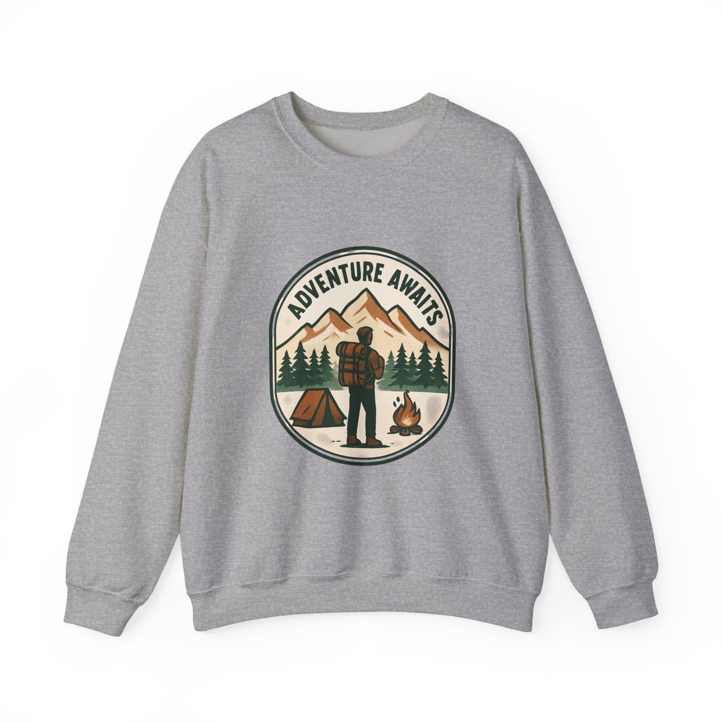 Adventure Awaits Crewneck Sweatshirt — Camping Mountain Graphic