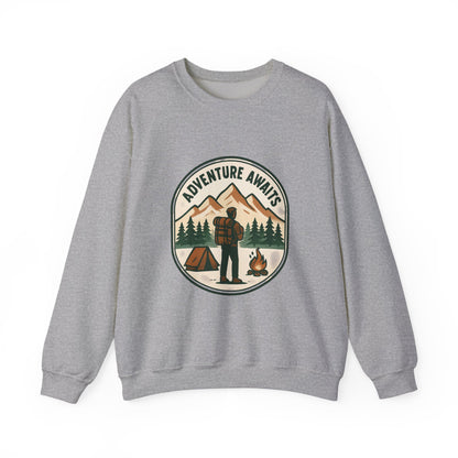 Adventure Awaits Crewneck Sweatshirt — Camping Mountain Graphic