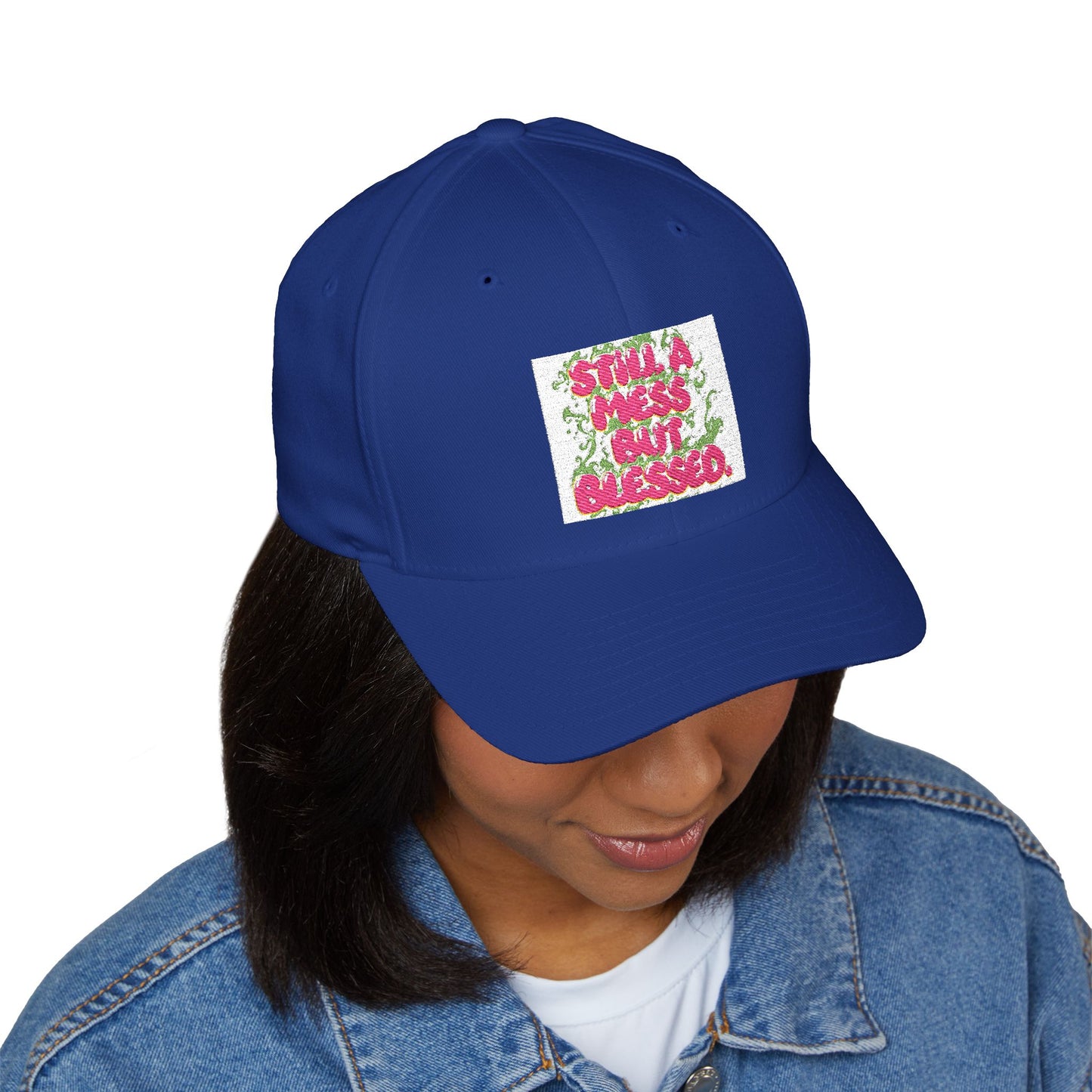 Embroidered Baseball Cap - "Still A Mess But Blessed" Floral Patch