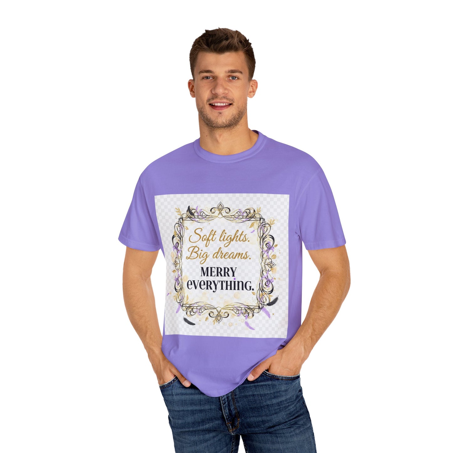Merry Everything Holiday T-Shirt — “Soft Lights, Big Dreams” Decorative Frame